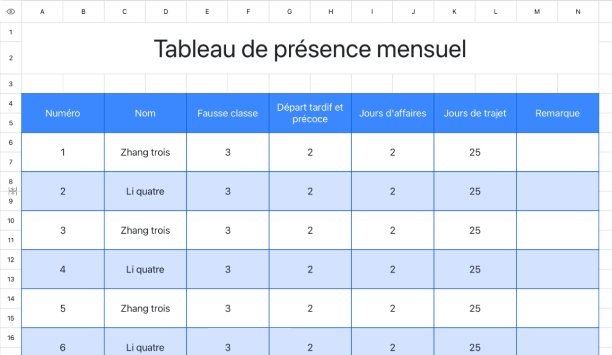 Tableau des présences mensuelles 1